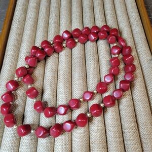 Vintage Red Celluloid Plastic Beaded Necklace w/ Gold Tone Accents Barrel Clasp